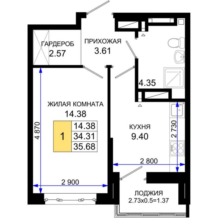 1-комн квартира в новом доме Элеваторный переулок, д.1