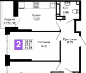 2-комн, 54.88 кв м, этаж 10/25 Элеваторный переулок, д.1