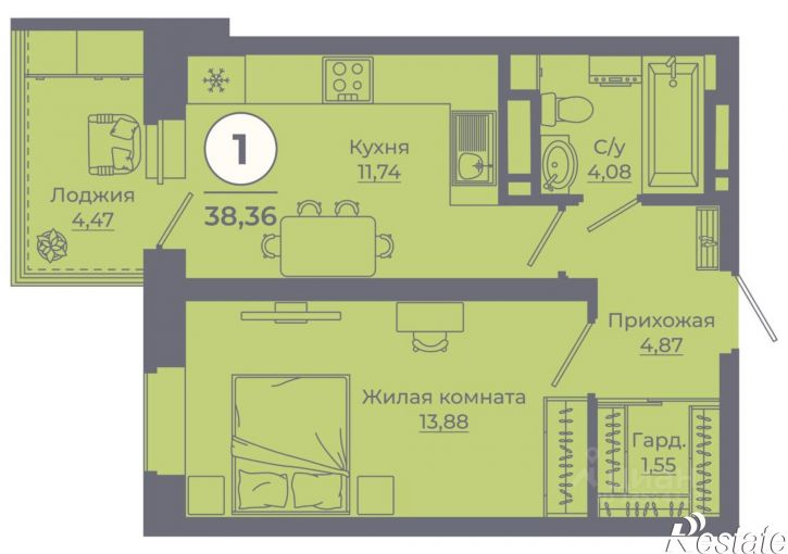 1-комн квартира в новом доме улица Ерёменко, 111