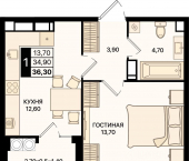 1-комн, 36 кв м, этаж 13/18 проспект Шолохова