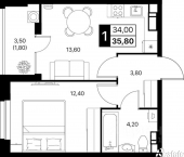 1-комн, 35 кв м, этаж 7/20 проспект Шолохова