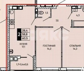 2-комн, 61 кв м, этаж 7/24 улица Бориса Слюсаря, 19
