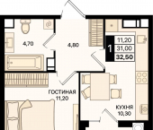 1-комн, 32 кв м, этаж 12/18 проспект Шолохова