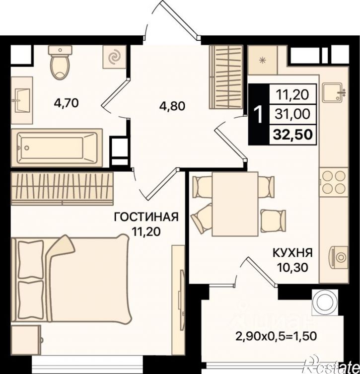 1-комн квартира в новом доме проспект Шолохова