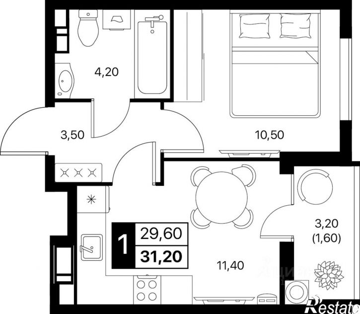 1-комн квартира в новом доме проспект Шолохова