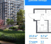 1-комн, 34 кв м, этаж 12/17 ЖК Донские Легенды, 1.1