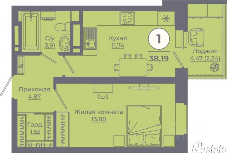 1-комн квартира в новом доме улица Ерёменко, 115,  д. 115