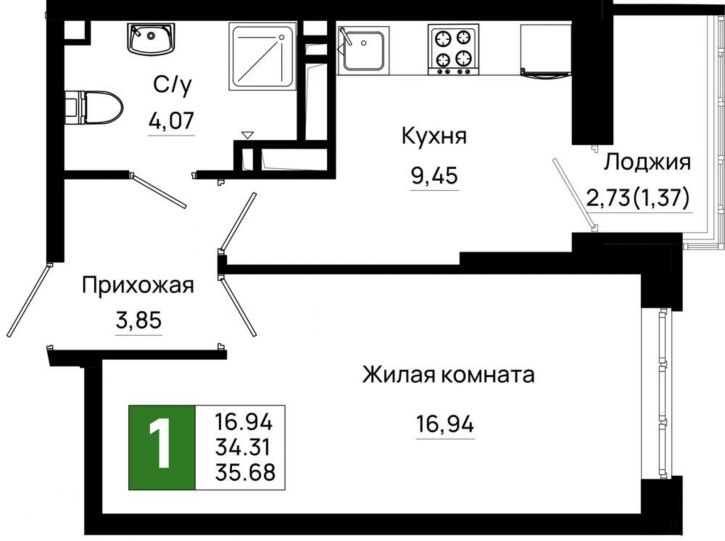 1-комн квартира в новом доме Элеваторный переулок, д.1