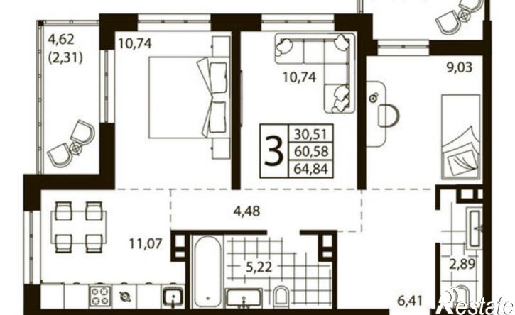 3-комн квартира в новом доме Ростов-на-Дону, улица Текучёва, 370/2