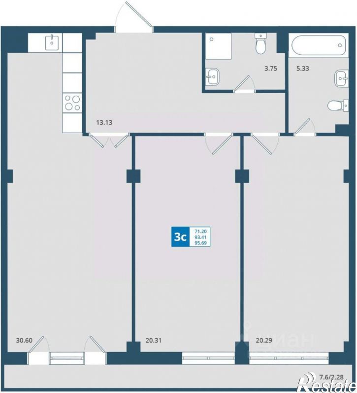 3-комн квартира в новом доме ул Седова, 14Б,  д. 14Б