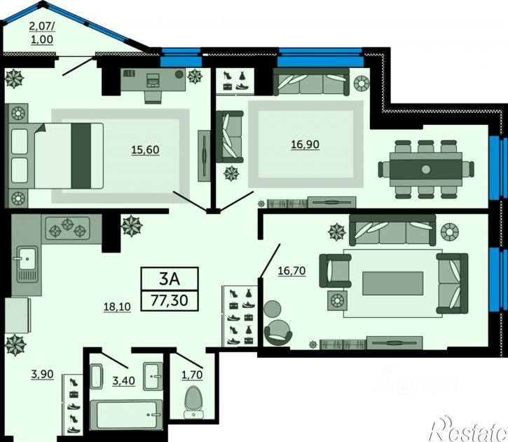 3-комн квартира в новом доме пр-кт Космонавтов, 1в 2,  д. 1в 2,  к. 2