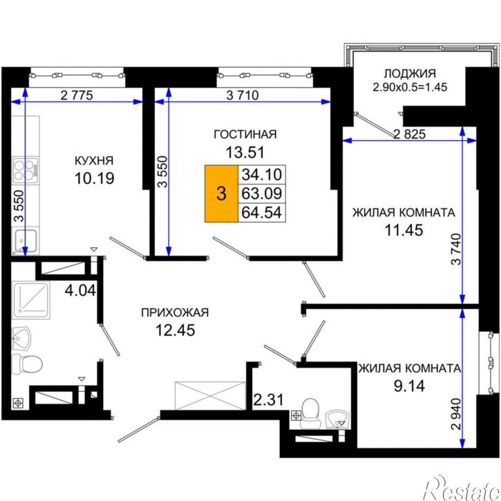 3-комн квартира в новом доме Элеваторный переулок, д.1