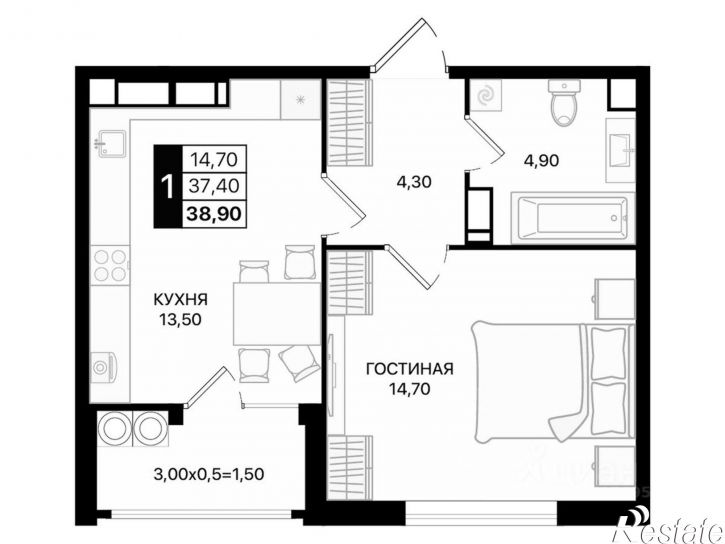 1-комн квартира в новом доме проспект Шолохова