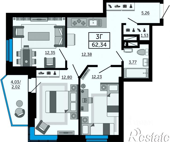 3-комн квартира в новом доме Кировский проспект, 89 с3,  д. 89 с3